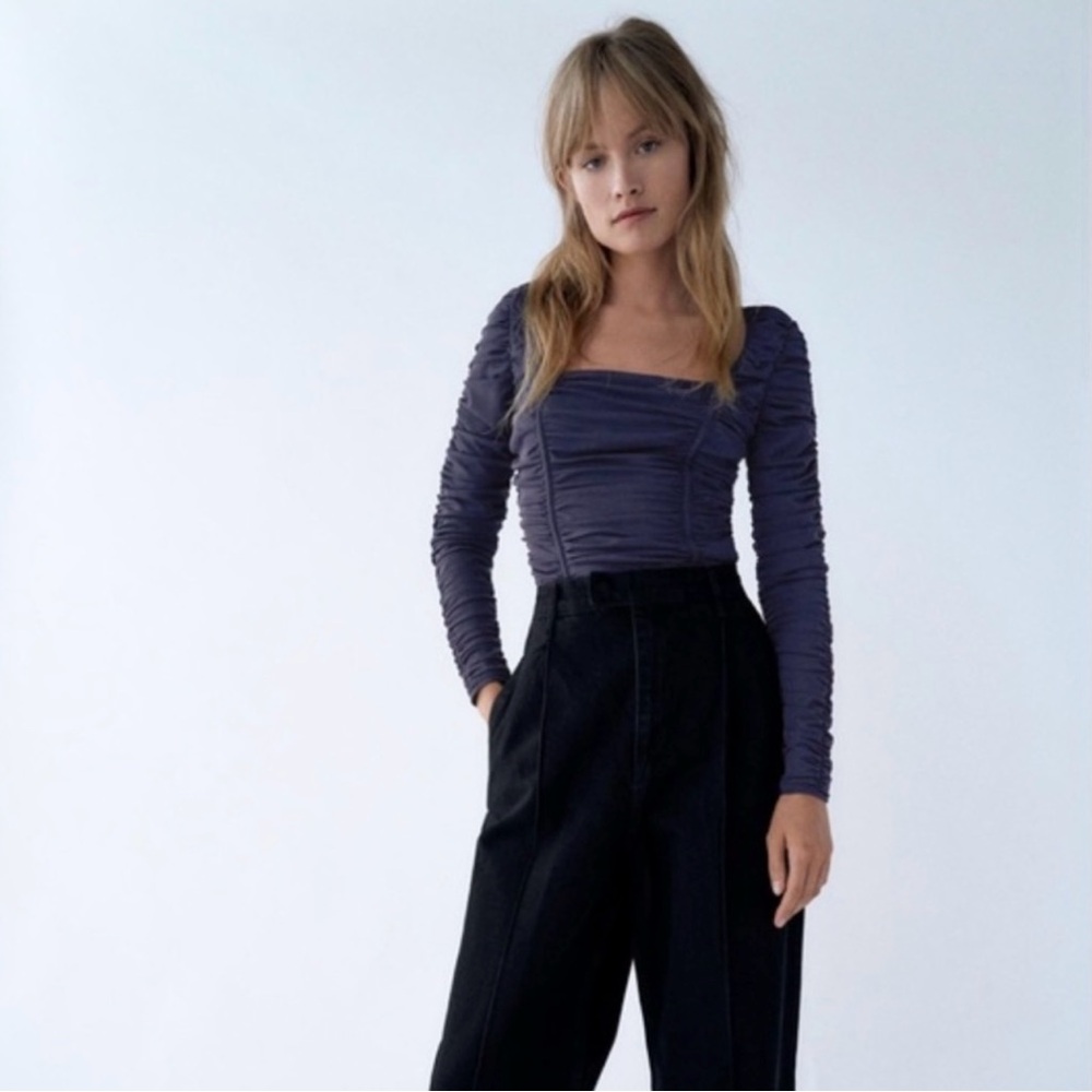 Zara Ruched Navy Body Suit Size L - super flattering!